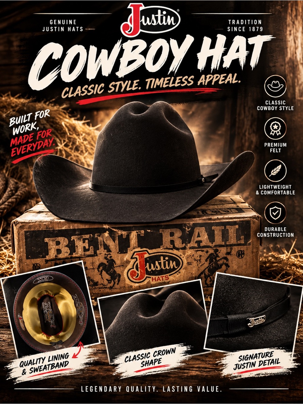Justin Boots Black Felt Cowboy Hat with Slim Band